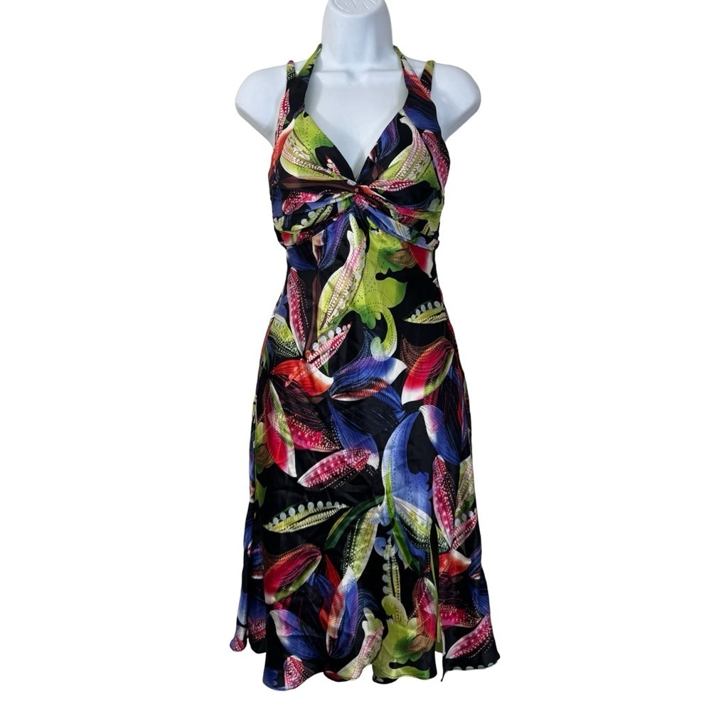 Vintage Cache Silk Floral Halter Dress Size 2 Maximalist Resortwear 2000s - Picture 3 of 16